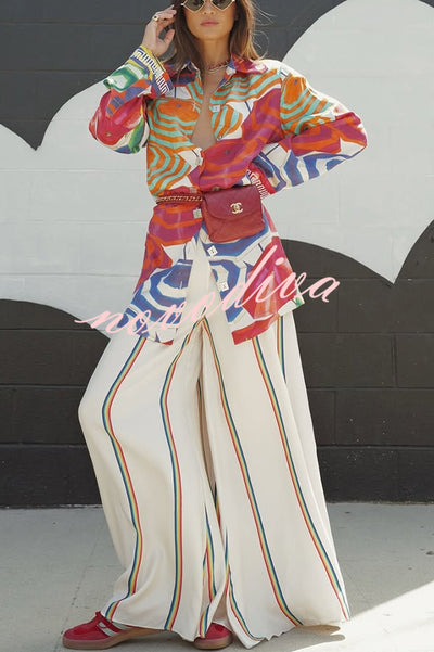 Ellah Satin Rainbow Stripe Print Drawstring Elastic Waist Pocket Wide Leg Pants