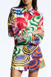 Elouise Satin Color Block Art Print Long Sleeve Button Back Elastic Waist H-line Mini Dress
