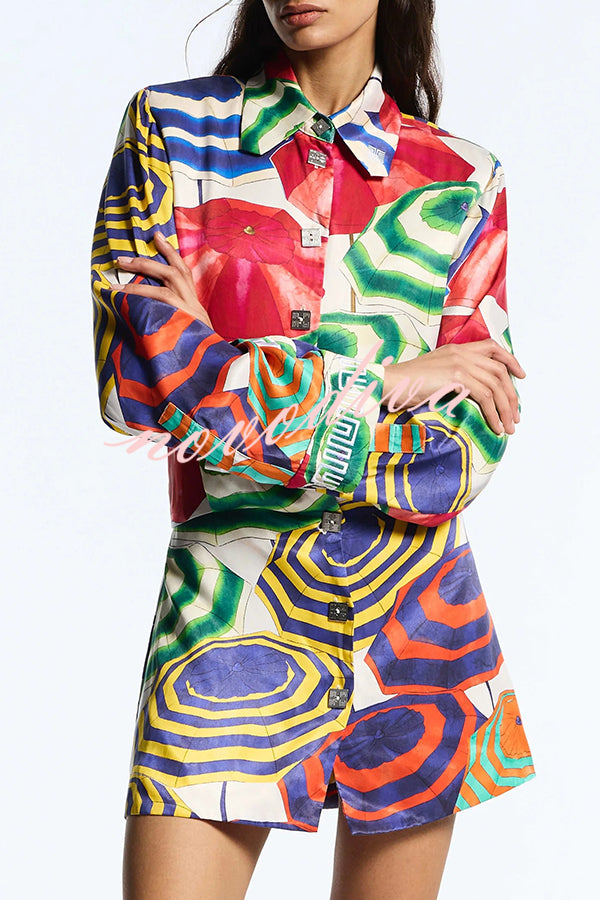 Elouise Satin Color Block Art Print Long Sleeve Button Back Elastic Waist H-line Mini Dress