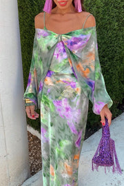 Expect The Best Tulle Tie-dye Print Party Maxi Dress with Removable Shawl