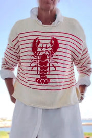 Striped Lobster Print Crew Neck Loose-fitting Knitted Sweater