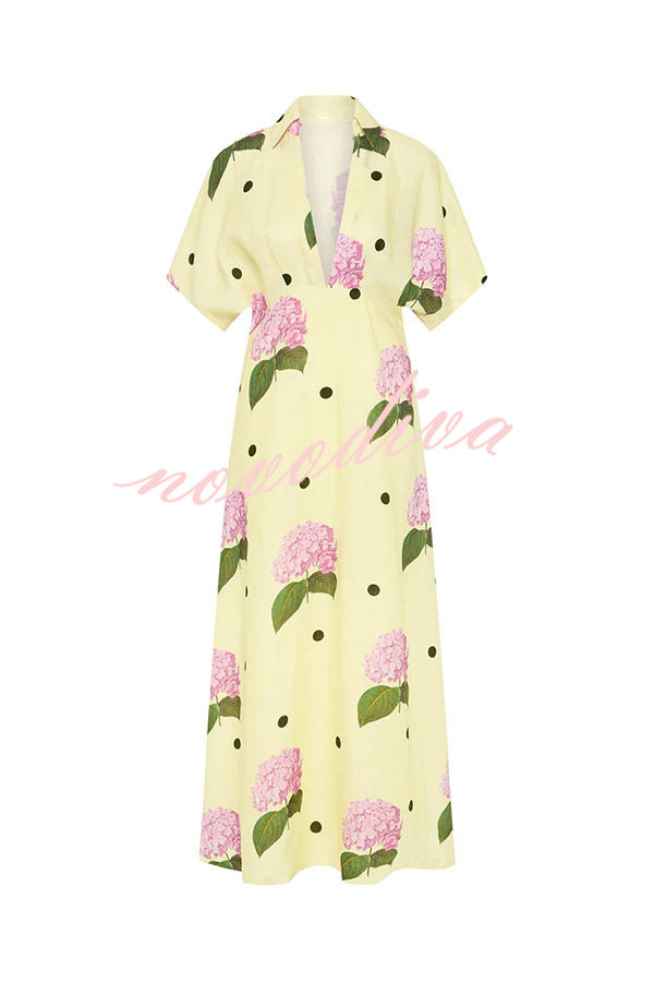 Jasmine Linen Blend Floral Polka Dot Wide Sleeve Shirt Maxi Dress