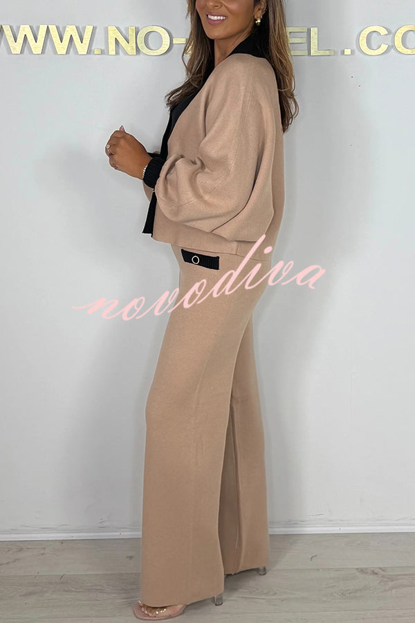 Fashion Contrast Color V-neck Loose Cardigan and Elastic Waist Casual Pants Set