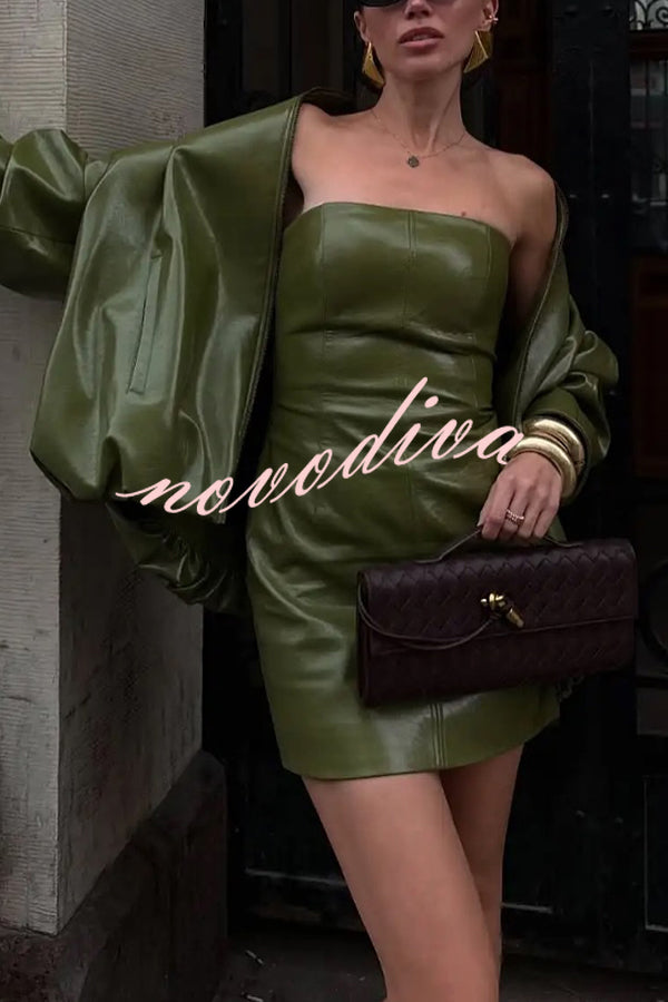 Solid Color Loose Long Sleeve Pocket Casual Leather Jacket