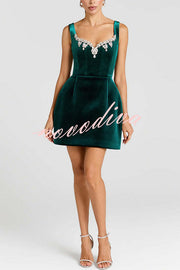 Blair Luxurious Velvet Jewel-encrusted Sweetheart Neck Pocket Tulip Stretch Mini Dress