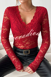 Solid Color Lace V-neck Long-sleeved Slim-fit Top