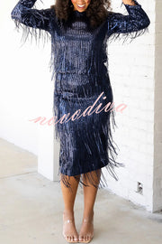 Insight Blueberry Sequin Fringe High Rise Elastic Waistband Midi Skirt