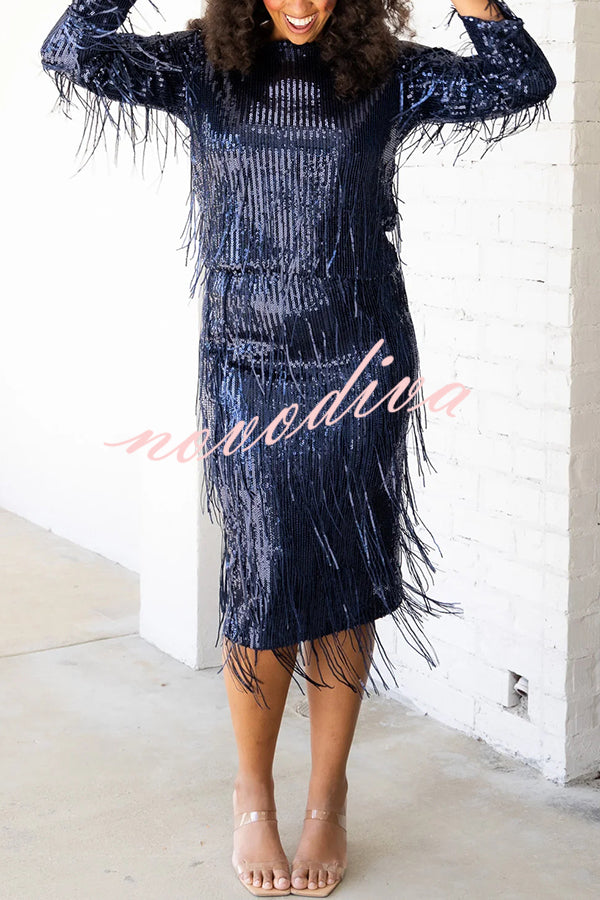 Insight Blueberry Sequin Fringe High Rise Elastic Waistband Midi Skirt