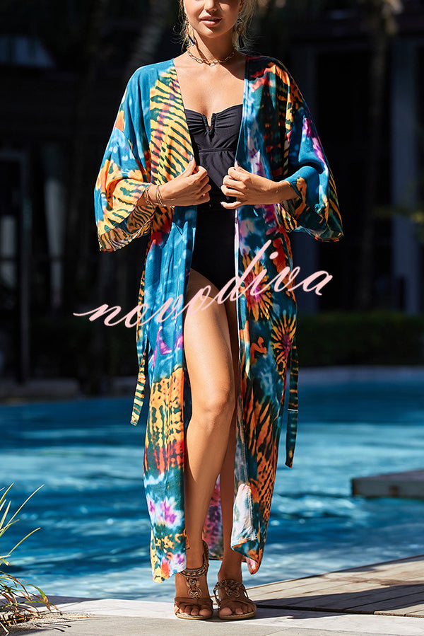 Unique Print Loose Lace Up Holiday Maxi Cover Up