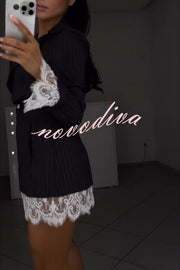 Merrin Striped Lace Trim Double-breasted Long Sleeve Lapel Blazer Mini Dress