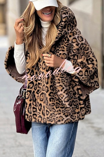 Taylor Plush Fabric Leopard Print Zipper Pocketed Cape Hooded Coat