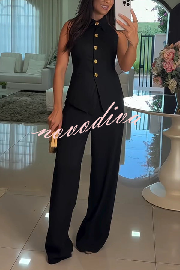 Fashion Lapel Sleeveless Button Vest and Casual Straight-leg Suit Pants Set