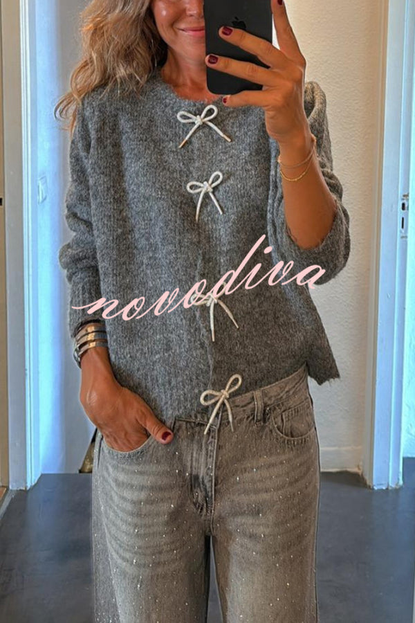 Paris Mornings Knit Front Bow Design Long Sleeve Relaxed Cardigan