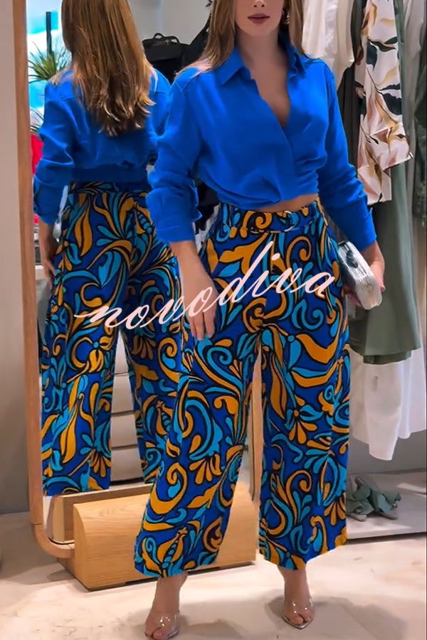 Ocean Heart Linen Blend Printed Ruched Hem Blouse and Belted High Rise Pocket Loose Pants Set