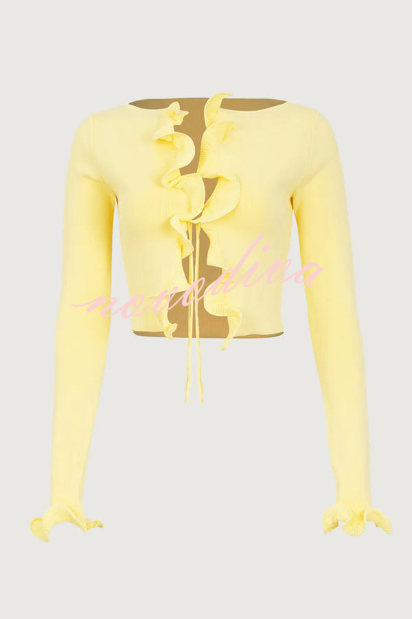 Fashion Ruffled Long-sleeved Tie-cropped Knitted Cardigan