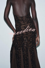 Twilight Gleam Sequin Textured Tulle Hem Halter Backless Maxi Dress