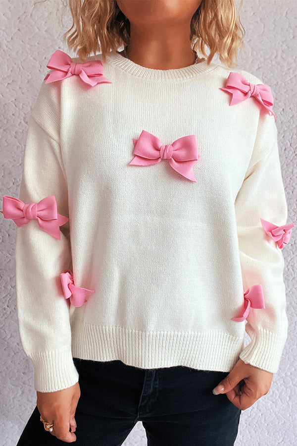 Sweet Bow-knot Casual Round Neck Long-sleeved Knit Sweater