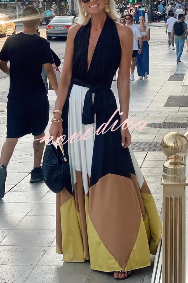 Fashion Colorblock Sexy Backless Tie Waist Full Hem Maxi Dress