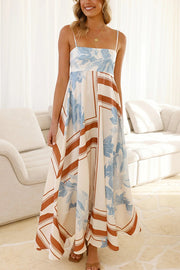 Botanical Print Square Neck Suspender Casual Full Hem Maxi Dress