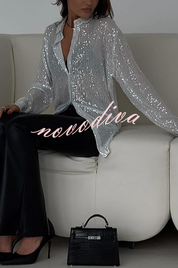 Fashion Sequin Lapel Long Sleeve Loose Shirt