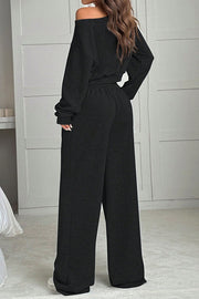 Solid Color Loose Long-sleeved Short Top and Elastic Waist Casual Pocket Wide-leg Pants Set