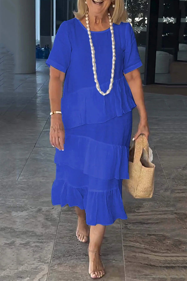 Linen Blend Solid Color Round Neck Casual Loose Midi Dress