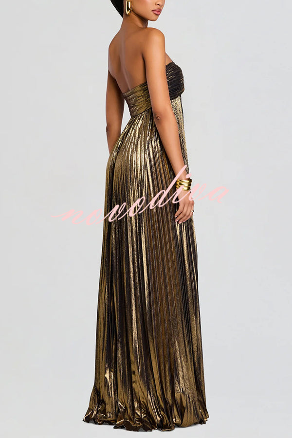 Metallic Sexy Tube Top Pleated High Slit Maxi Dress