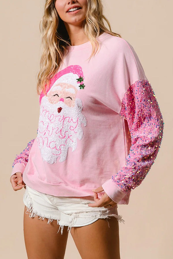 Christmas Casual Loose Round Neck Sequined Sleeve Sweatshirt