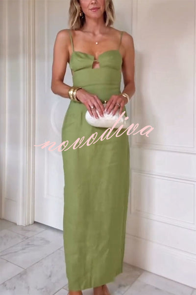 Sharyn Linen Blend Bodice Cutout Back Tie-up Slit Slip Maxi Dress