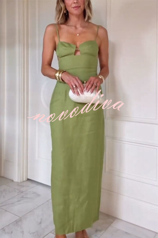 Sharyn Linen Blend Bodice Cutout Back Tie-up Slit Slip Maxi Dress