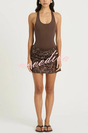 Shine Your Event Ruched Sequin Draped Hem Tank Stretch Mini Dress