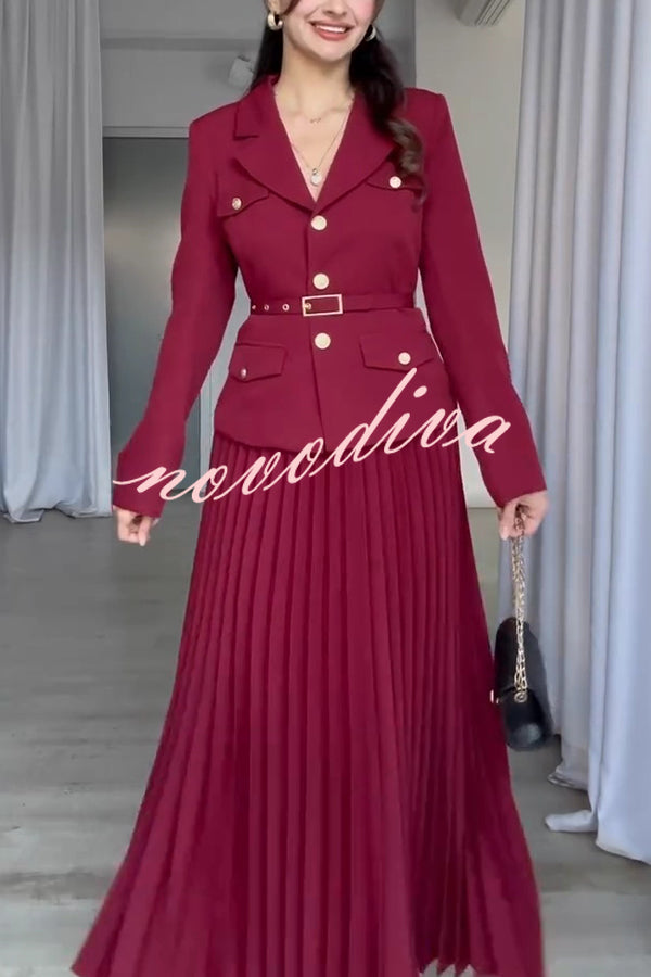 Solid Color Lapel Button Belt Blazer and Pleated Casual Maxi Skirt Set