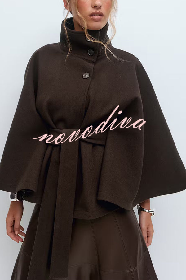 Fashionable Stand Collar Button Waist Tie Loose Cape