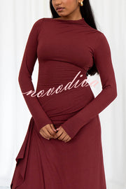 Venus Long Sleeve Ruched Side Slit Drape Ruffles Back Lace-up Stretch Maxi Dress