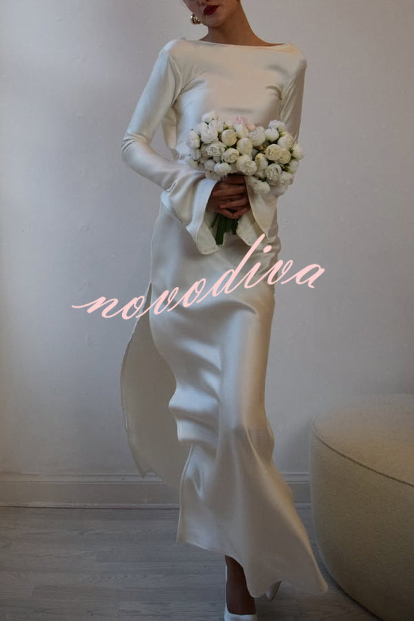 Satin Elegant Long-sleeved Open-back Slim-fit Slit Maxi Dress