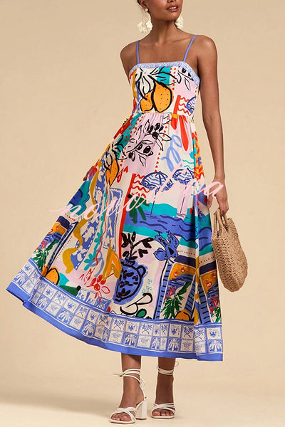 Unique Printed Sling Back Pleated Holiday Midi Dress