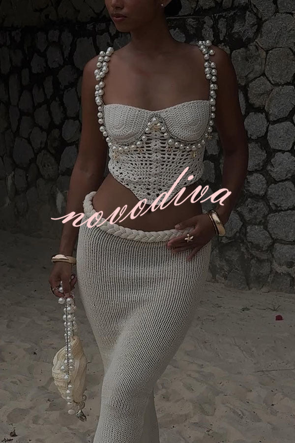 Mirina Hollow Crochet Knit Pearl Trim Heart Collar Crop Vacation Tank