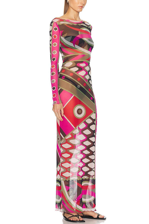 Gypsy Girl Mesh Unique Print Wide Neck Long Sleeve Stretch Maxi Dress