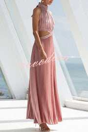 Stunning Choice Satin Pleated Halter High Neck Cutout Waist Backless Maxi Dress
