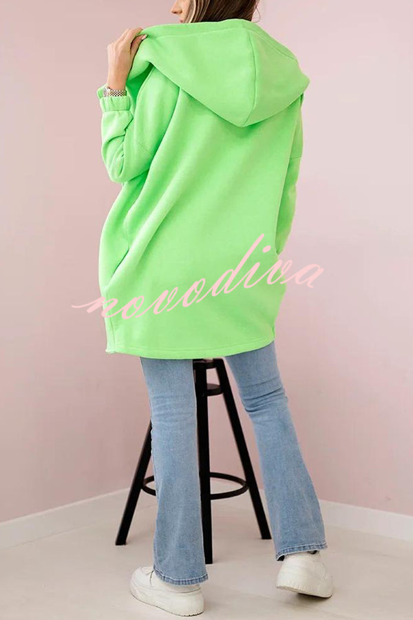 Solid Color Loose Hooded Zip-up Casual Sports Jacket