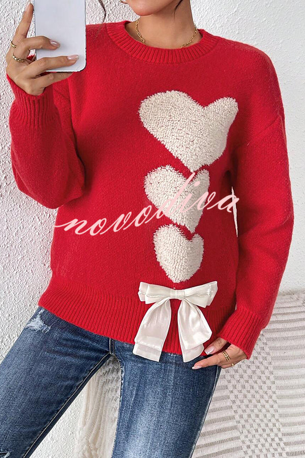 Love Jacquard Loose Cute Bowknitted Long Sleeve Sweater