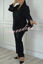 Social Time Embroidered Sequin Patchwork Tassel Belt Detail Lapel Party Blazer