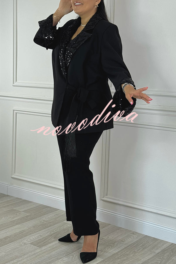 Social Time Embroidered Sequin Patchwork Tassel Belt Detail Lapel Party Blazer