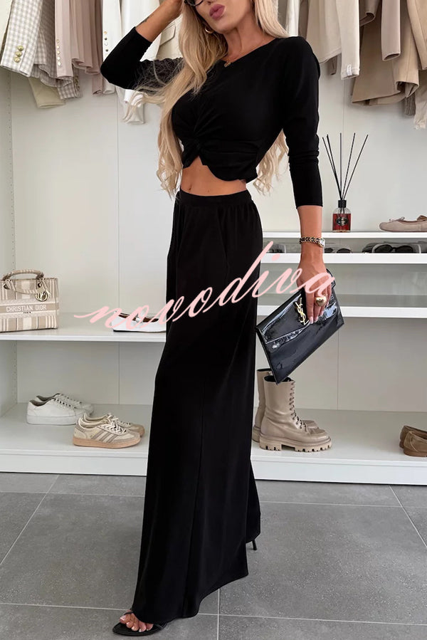 Solid Color Round Neck Long Sleeve Twist Crop Top and Elastic Waist Pocket Wide Leg Pants Set