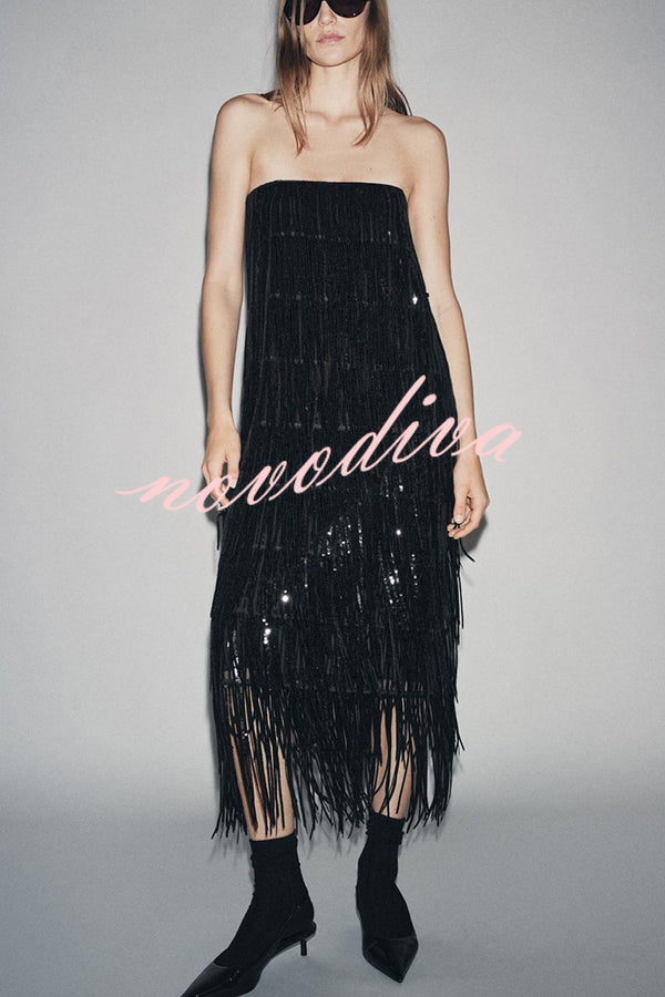Chic Celebration Layered Sequined Tassels Slip Strapless H-line Midi Dress