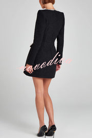 Girly and Glamorous Tweed Fabric Pearl Trim Long Slit Sleeve Pocketed Mini Dress