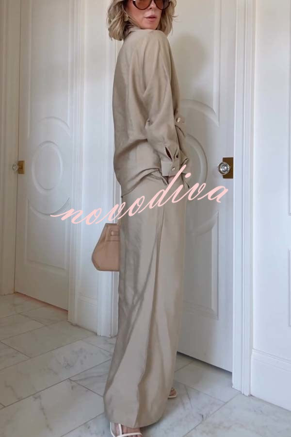 Juliette Cross-front Button Up Long Sleeve Shirt and Elastic Waist Pocket Loose Pants Set