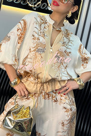 Unique Printed Casual Long-sleeved Loose Top and Elastic Waist Pocket Wide-leg Pants Set