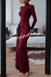 Luxe Silhouette High Neck Shoulder Pads Drape Stretch Maxi Dress