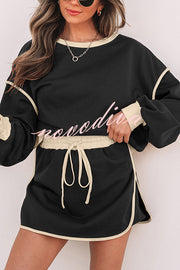 Fashion Round Neck Long Sleeve Spliced Casual Top and Elastic Waist Loose Shorts Set